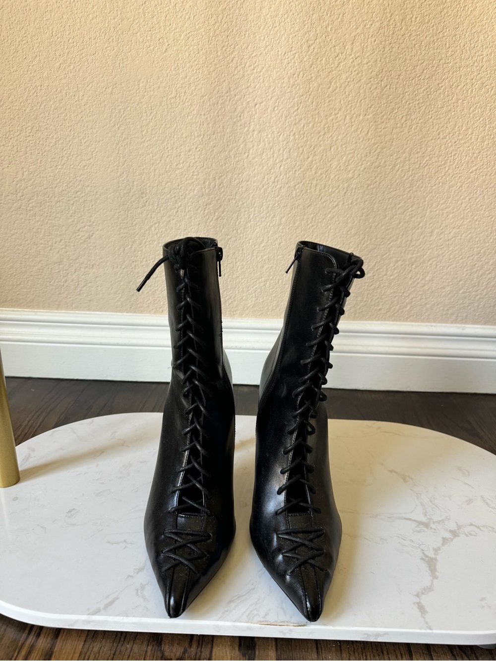Black Leather Lace-Up Pointed Toe Ankle Boots